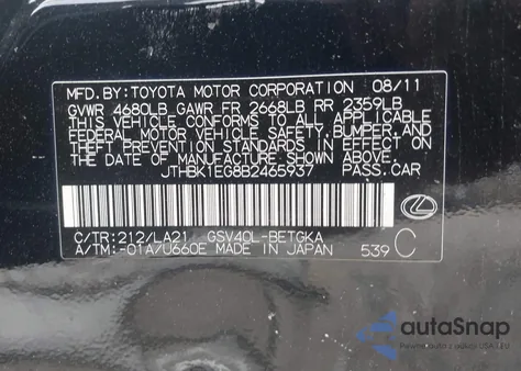 2011 Lexus Es 350 z USA, uszkodzony, nr VIN JTHBK1EG8B2465937